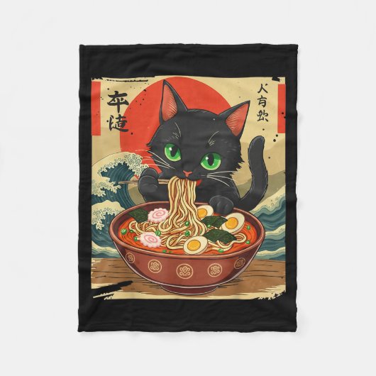 Anime Cat Eating Ramen Japanese Art Graphic Cat Cu フリースブランケット (正面)