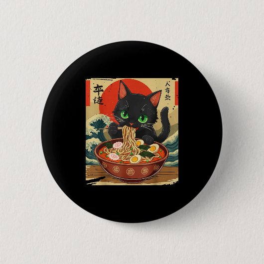 Anime Cat Eating Ramen Japanese Art Graphic Cat Cu 缶バッジ (正面)