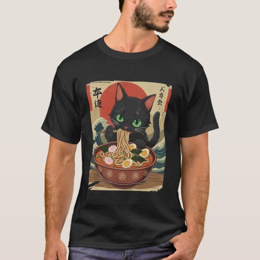 Anime Cat Eating Ramen Japanese Art Graphic Cat Cu Tシャツ (正面)