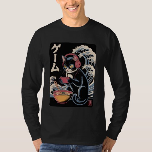 Anime Cat Eating Ramen Japanese Wave Kawaii Neko K Tシャツ (正面)