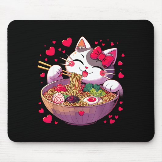 Anime Cat Eating Ramen Noodles With Hearts Valenti マウスパッド (正面)