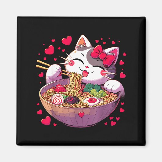Anime Cat Eating Ramen Noodles With Hearts Valenti マグネット (正面)
