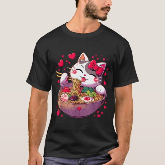 Anime Cat Eating Ramen Noodles With Hearts Valenti Tシャツ (正面)