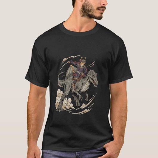 Anime Cat Funny Samurai Cat Riding Dinosaur Spinos Tシャツ (正面)