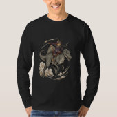 Anime Cat Funny Samurai Cat Riding Dinosaur Spinos Tシャツ (正面)