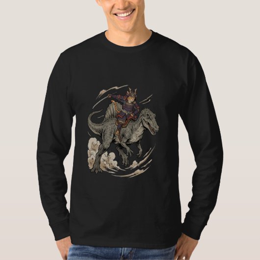 Anime Cat Funny Samurai Cat Riding Dinosaur Spinos Tシャツ (正面)