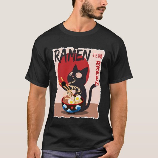 Anime Cat Ramen Instant Noodles Funny Japanese Cat Tシャツ (正面)