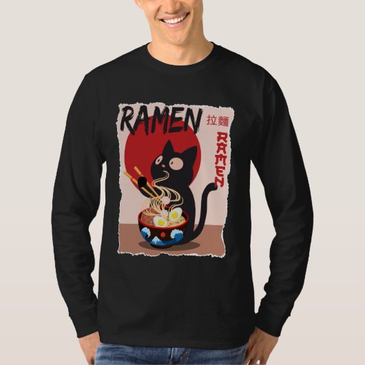 Anime Cat Ramen Instant Noodles Funny Japanese Cat Tシャツ (正面)