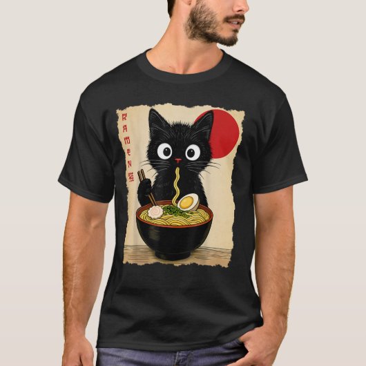 Anime Cat Ramen Japanese Funny Cat Graphic Tシャツ (正面)