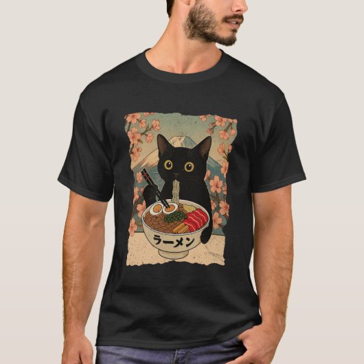 Anime Cat Ramen Japanese Funny Cat Graphic Tees An Tシャツ (正面)