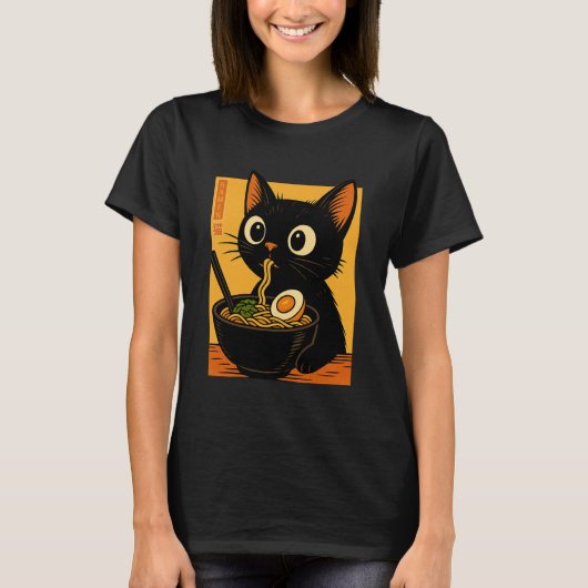 Anime Cat Ramen Japanese Funny Graphic Tees Kawaii Tシャツ (正面)