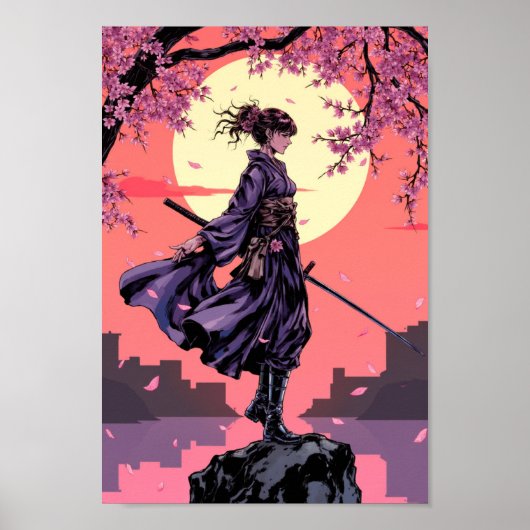 Anime Cherry Blossom Samurai Wall Art ポスター (正面)