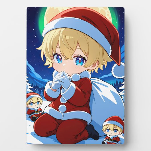 Anime Chibi Santa Boy Christmas Framed Art フォトプラーク (正面)