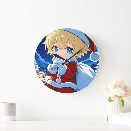 Anime Chibi Santa Boy Christmas Wall Clock Decor ラージ壁時計 (ホーム)