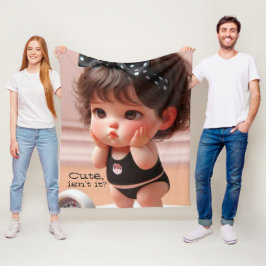 Anime Chubby Girl Photo, Cute Black Head Ribbon フリースブランケット