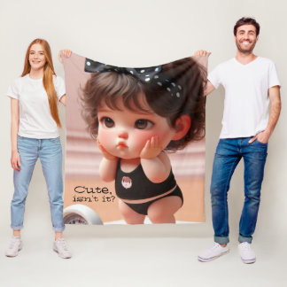 Anime Chubby Girl Photo, Cute Black Head Ribbon フリースブランケット