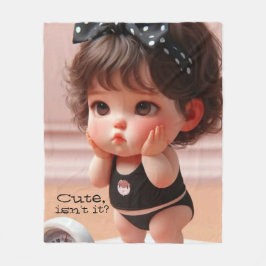 Anime Chubby Girl Photo, Cute Black Head Ribbon フリースブランケット