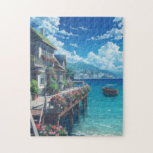 Anime Coastal Village Jigsaw Puzzle – Seaside Flow ジグソーパズル (縦)