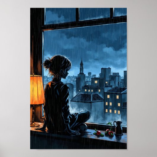 Anime Cozy Rain Window Wall Art ポスター (正面)