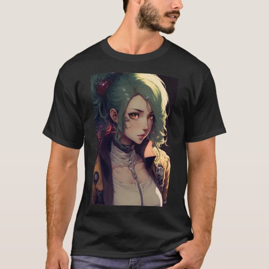 Anime Cute Girl with Green Hair Tシャツ (正面)