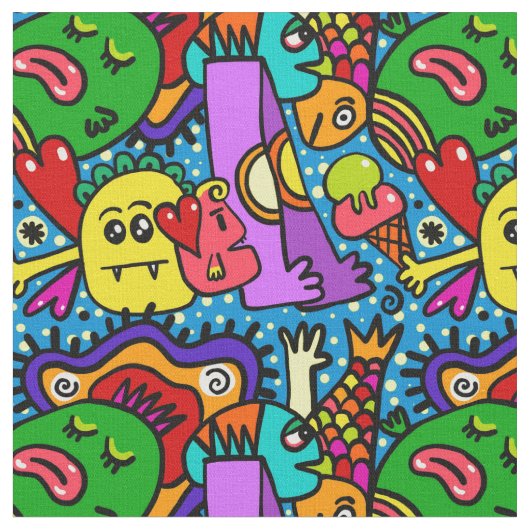 Anime design doodles faces smiles ファブリック (クローズアップ)