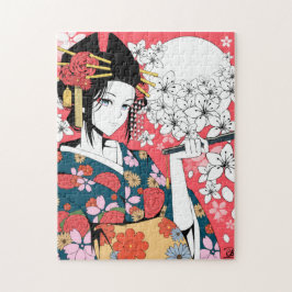 Anime Floral Geisha Pink White Jigsaw Puzzle ジグソーパズル