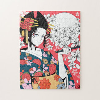 Anime Floral Geisha Pink White Jigsaw Puzzle ジグソーパズル