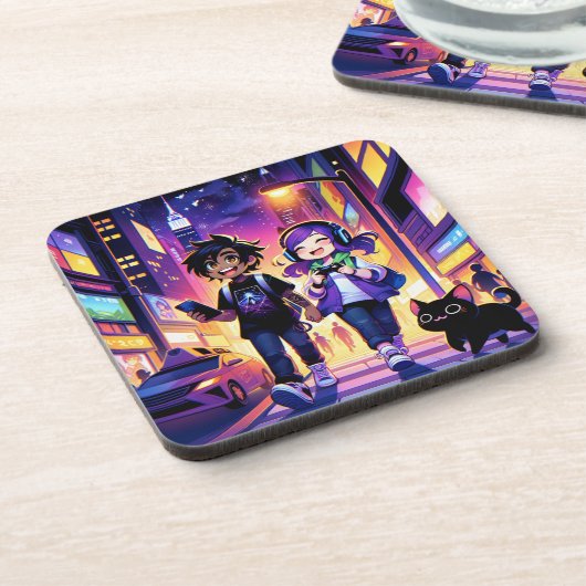 Anime Gaming Coude with Cat | コースター (左側)