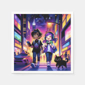 Anime Gaming Coude with Cat | スタンダードカクテルナプキン (正面)