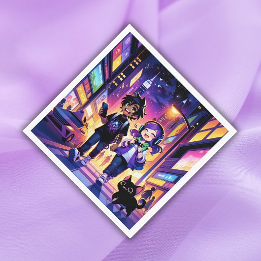 Anime Gaming Coude with Cat | スタンダードカクテルナプキン