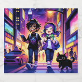 Anime Gaming Coude with Cat | リキュールボトルラベル (シングルラベル)