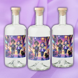 Anime Gaming Coude with Cat | リキュールボトルラベル