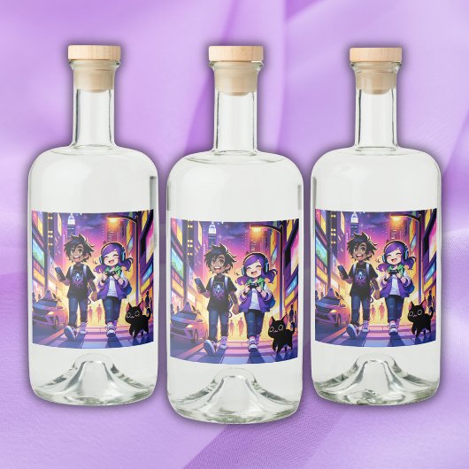 Anime Gaming Coude with Cat | リキュールボトルラベル