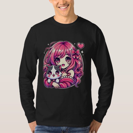 Anime Girl and Cat Kawaii Manga Girl Tシャツ (正面)