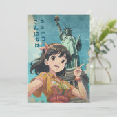 Anime Girl and Statue of Liberty, New York - Retro サンキューカード (スタンド正面)