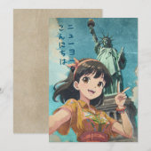 Anime Girl and Statue of Liberty, New York - Retro サンキューカード (正面/裏面)