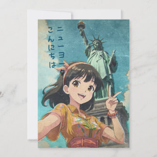 Anime Girl and Statue of Liberty, New York - Retro サンキューカード