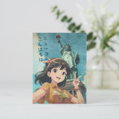 Anime Girl and Statue of Liberty, New York - Retro シーズンポストカード (スタンド正面)