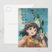 Anime Girl and Statue of Liberty, New York - Retro シーズンポストカード (正面/裏面)