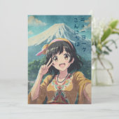 Anime Girl at Mount Fuji, Japan - Retro Kawaii Art サンキューカード (スタンド正面)