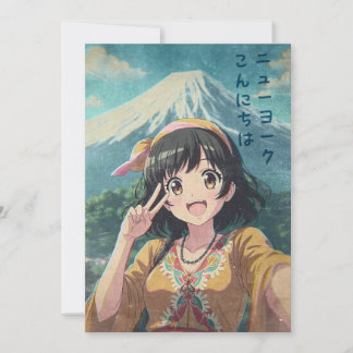 Anime Girl at Mount Fuji, Japan - Retro Kawaii Art サンキューカード