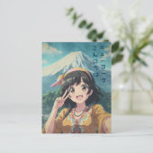 Anime Girl at Mount Fuji, Japan - Retro Kawaii Art シーズンポストカード (スタンド正面)