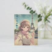Anime Girl at the Eiffel Tower, Paris - Retro Art シーズンポストカード (スタンド正面)