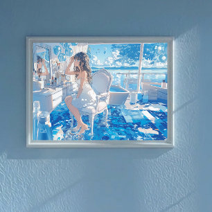 Anime Girl Blue Aesthetic Lo-Fi Chill Bedroom ポスター