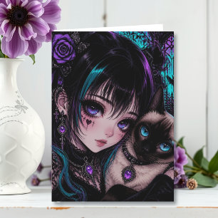 Anime Girl & Cat お誕生日おめでとうございます 猫の日 カード