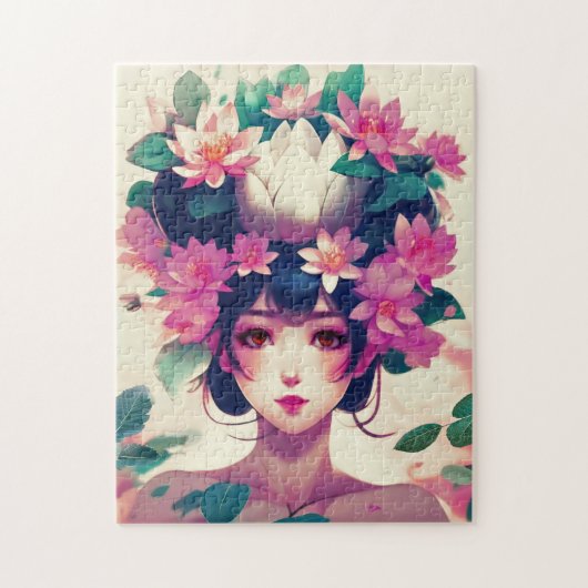 Anime Girl Crowned with Lotus Blossoms ジグソーパズル (縦)