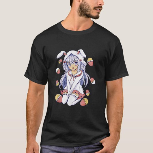 Anime Girl Easter Bunny and Eggs Holiday Graphic P Tシャツ (正面)