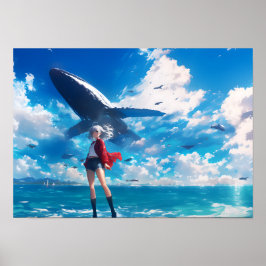 Anime Girl Flying Whale Blue Sea Horizontal  ポスター