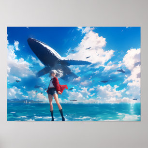 Anime Girl Flying Whale Blue Sea Horizontal  ポスター