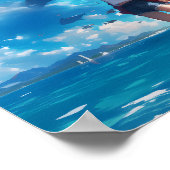 Anime Girl Flying Whale Blue Sea Horizontal  ポスター (角)
